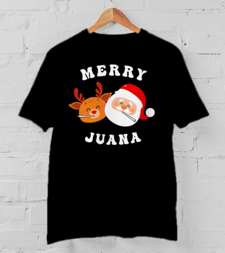 Merry Juana Christmas Santa And Reindeer Smoking Holiday Fun T-Shirt