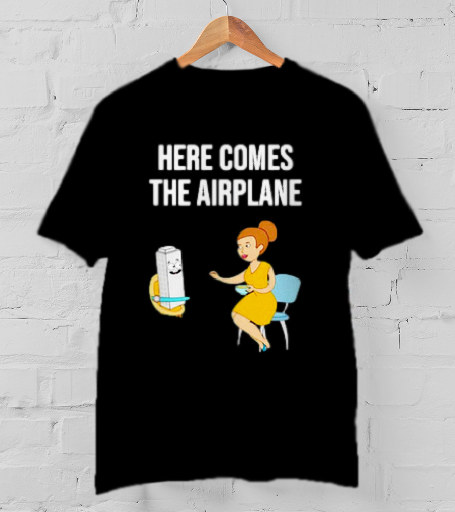 Here Comes The Airplane Cartoon Toilet Paper And Woman On Chair T-Shirt