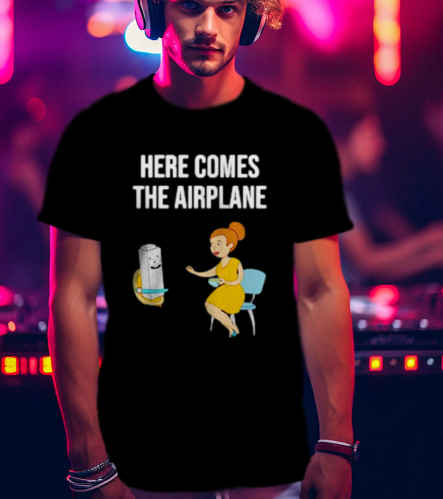 Here Comes The Airplane Cartoon Toilet Paper And Woman On Chair T-Shirt