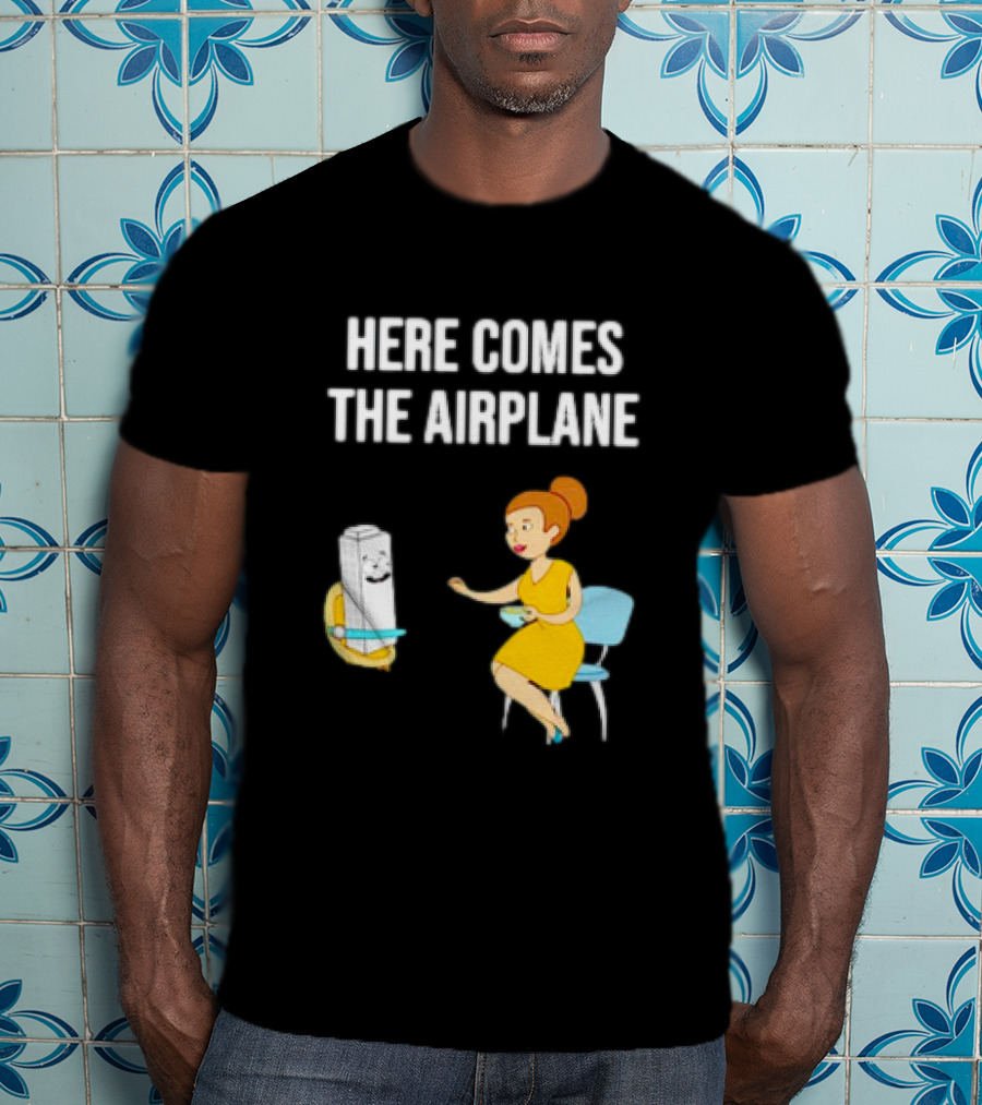 Here Comes The Airplane Cartoon Toilet Paper And Woman On Chair T-Shirt