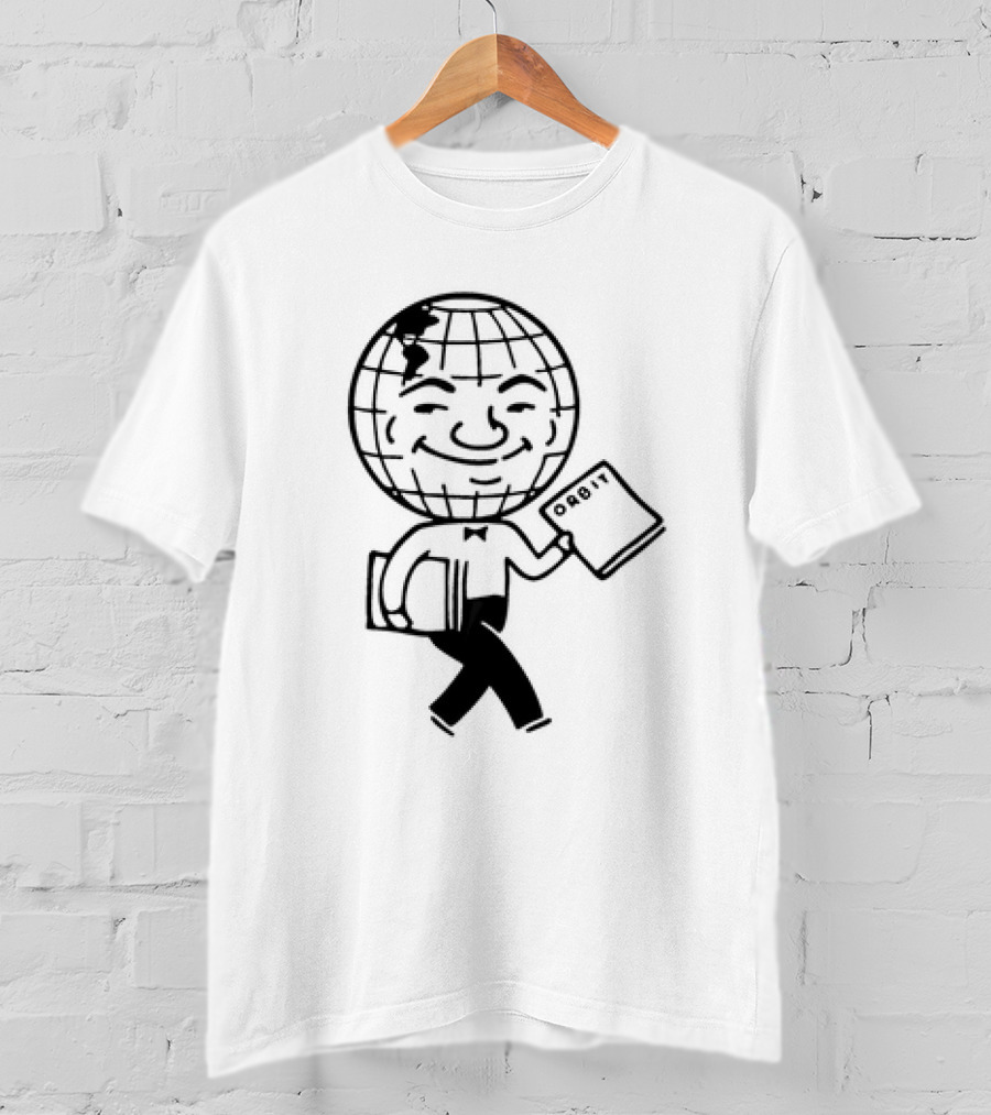 Orbit Magazine 1990 Vintage Smiling Globe Character Holding Magazine T-Shirt