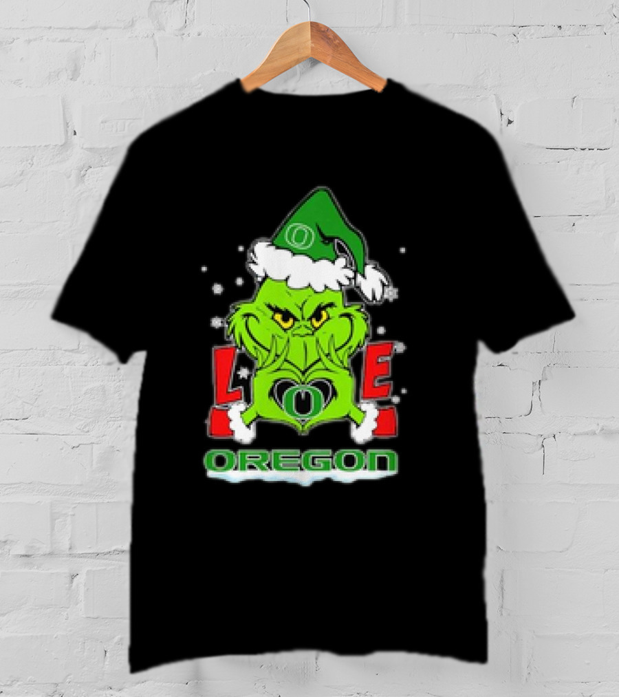 Grinch Hand Love Oregon Ducks Christmas Santa Hat Snowflakes T-Shirt