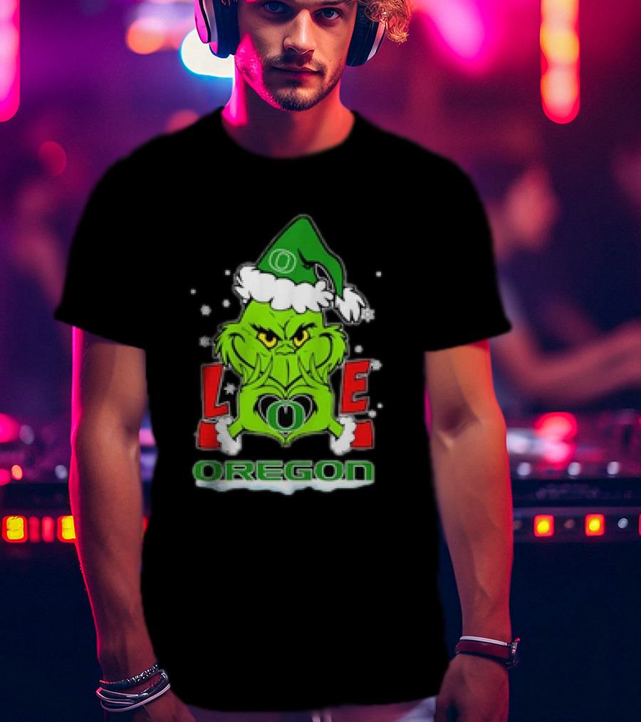 Grinch Hand Love Oregon Ducks Christmas Santa Hat Snowflakes T-Shirt