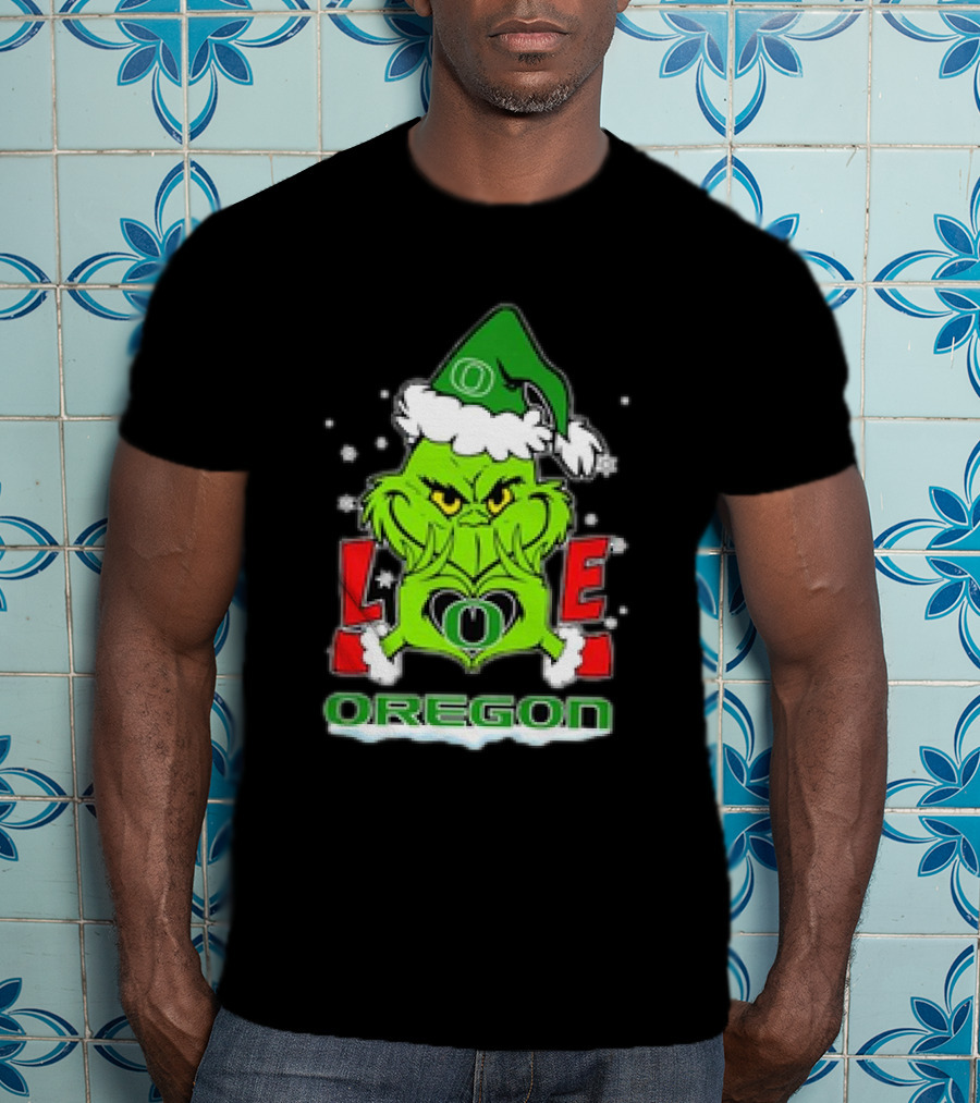 Grinch Hand Love Oregon Ducks Christmas Santa Hat Snowflakes T-Shirt