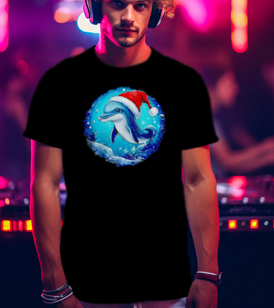 Dolphins Christmas Cute Santa Hat Snowflakes T-Shirt