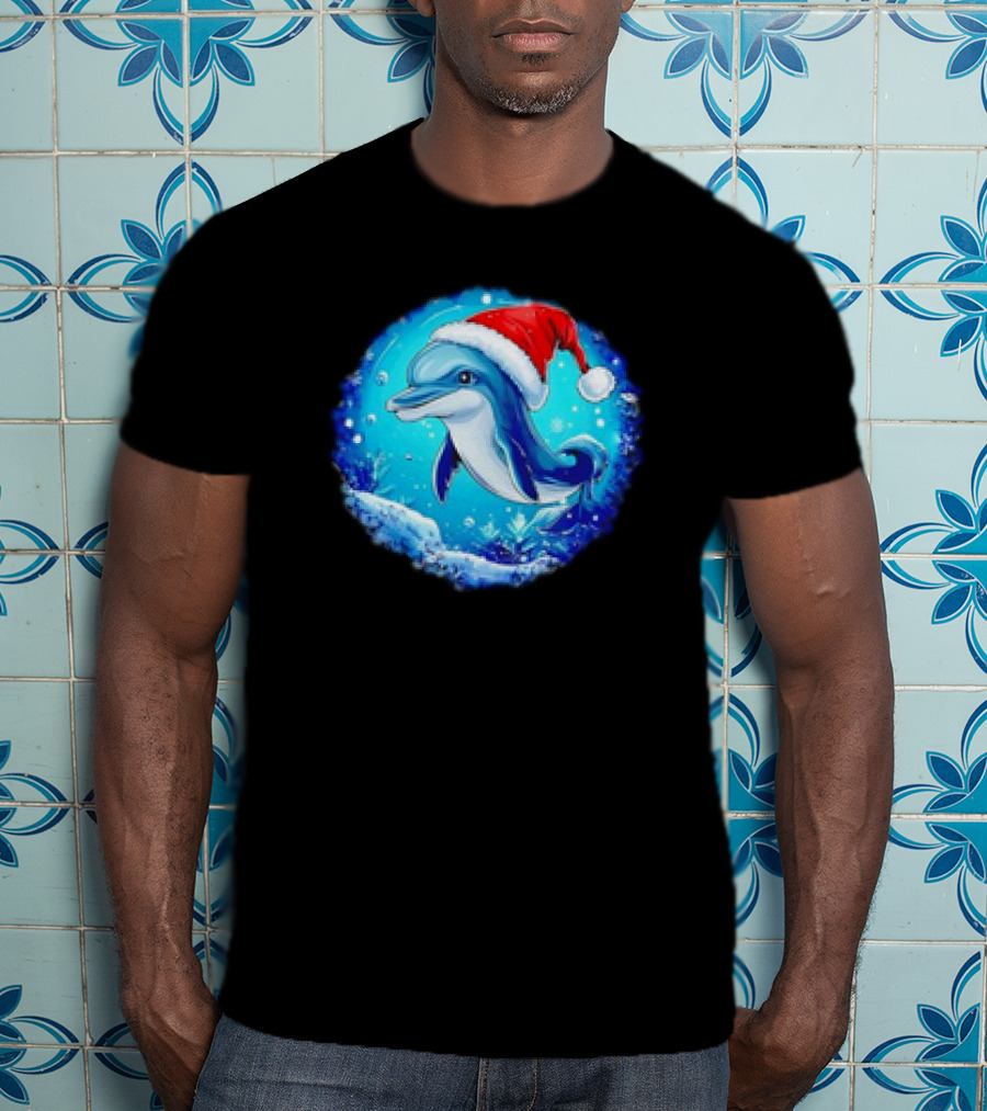 Dolphins Christmas Cute Santa Hat Snowflakes T-Shirt