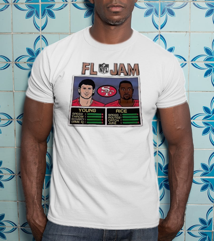 NFL Jam San Francisco 49ers Young Rice Speed Throw Catch T-Shirt