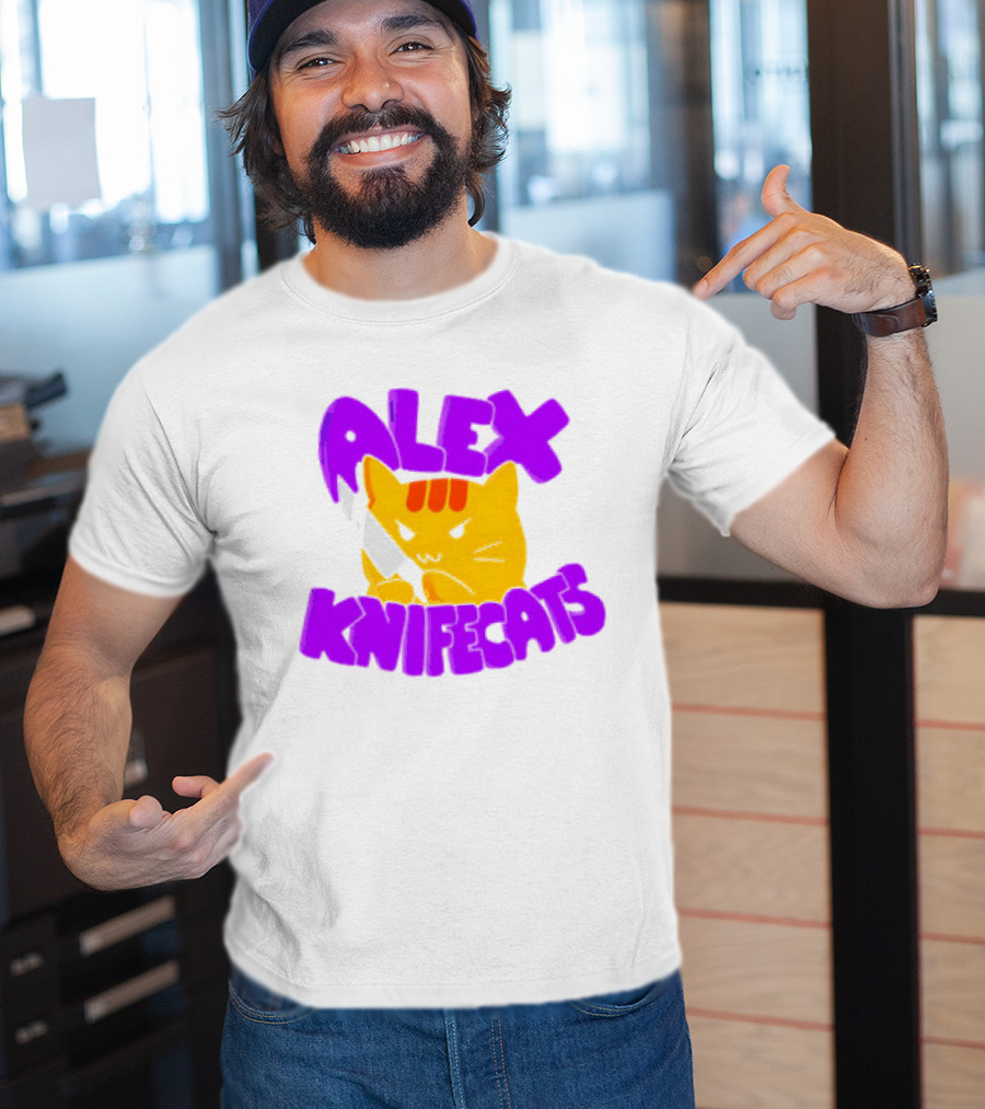 Alex Knifecats Orange Cat Purple Text T-Shirt
