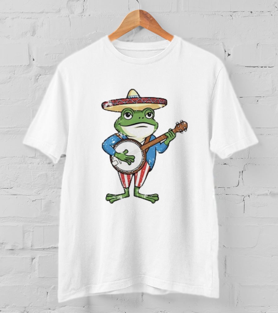 Frog In Sombrero Playing Banjo In Patriotic T-Shirt