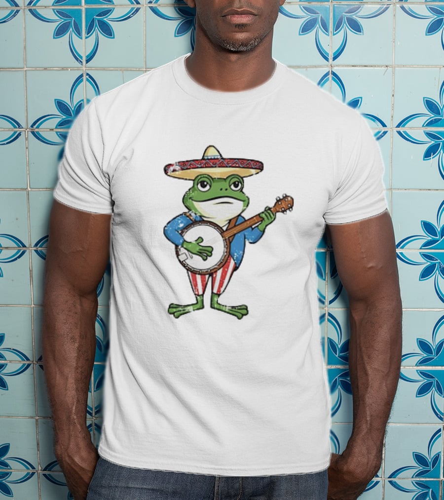 Frog In Sombrero Playing Banjo In Patriotic T-Shirt