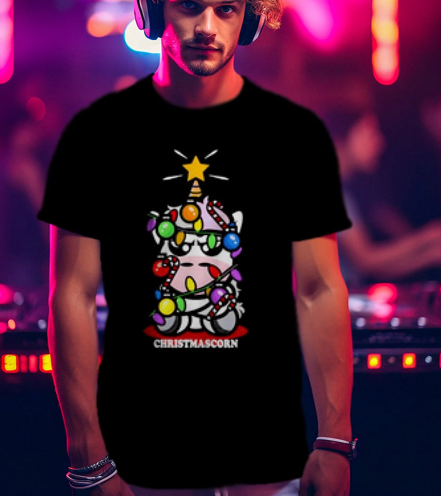 Christmascorn Unicorn Wrapped In Lights And Candy Canes T-Shirt