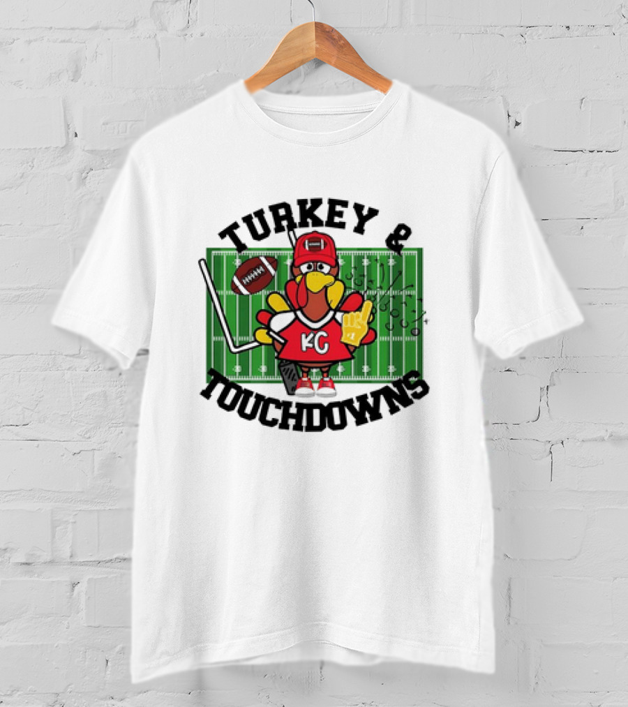 Turkey And Touchdowns Kansas City Chiefs Football Field Cartoon T-Shirt