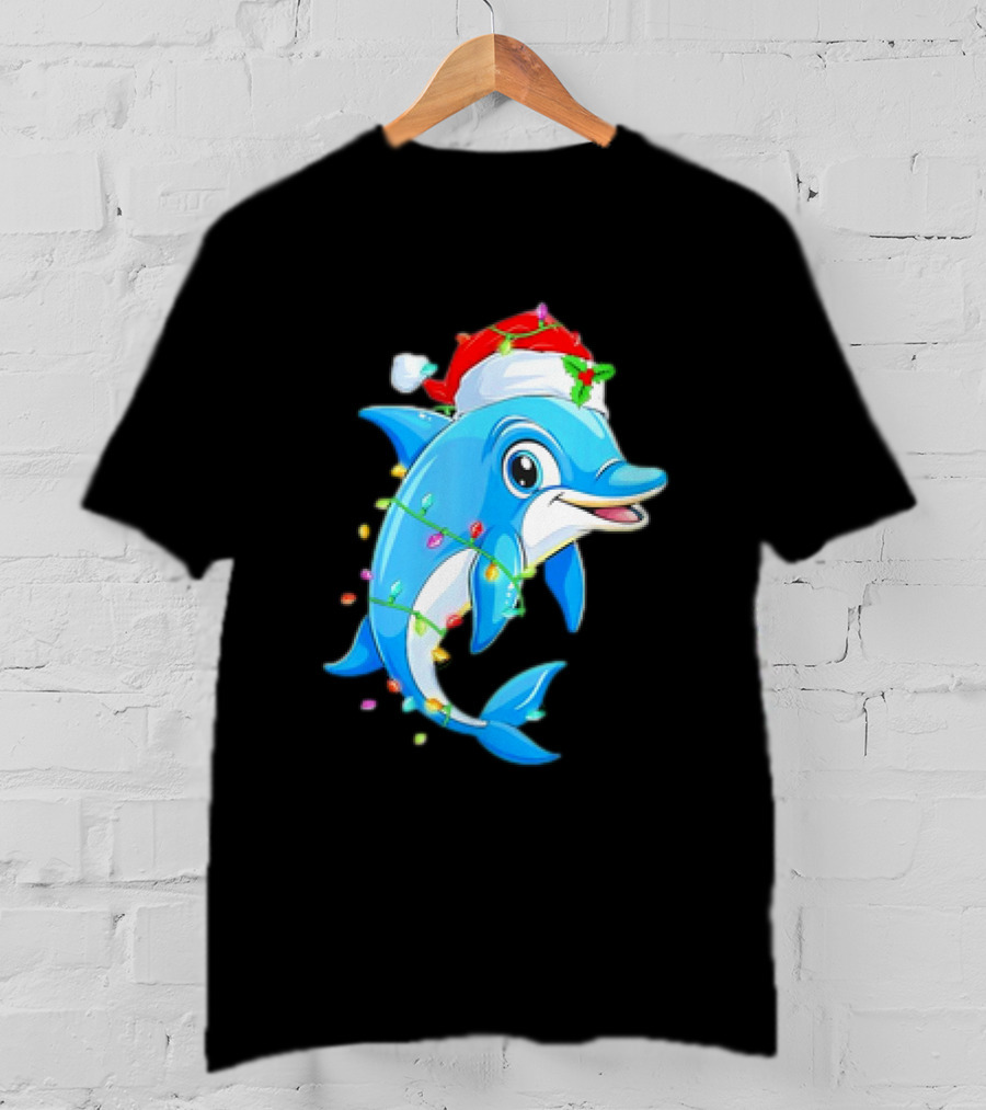Dolphin In Santa Hat Wrapped In Christmas Tree Lights Pajamas T-Shirt