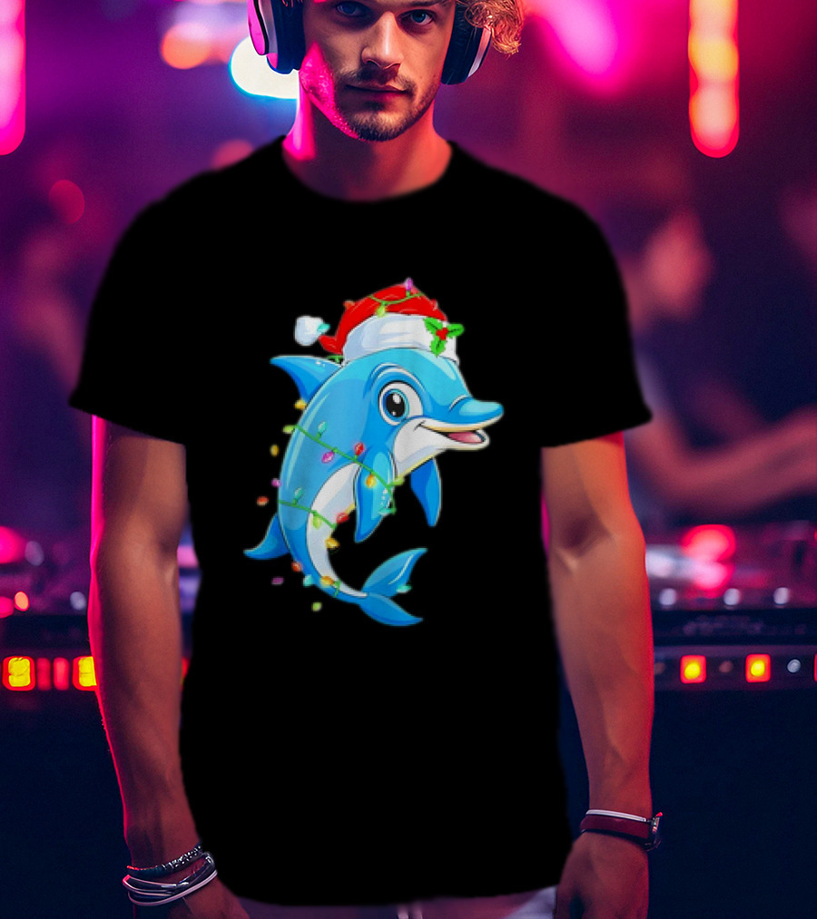 Dolphin In Santa Hat Wrapped In Christmas Tree Lights Pajamas T-Shirt