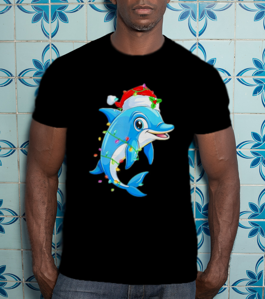 Dolphin In Santa Hat Wrapped In Christmas Tree Lights Pajamas T-Shirt