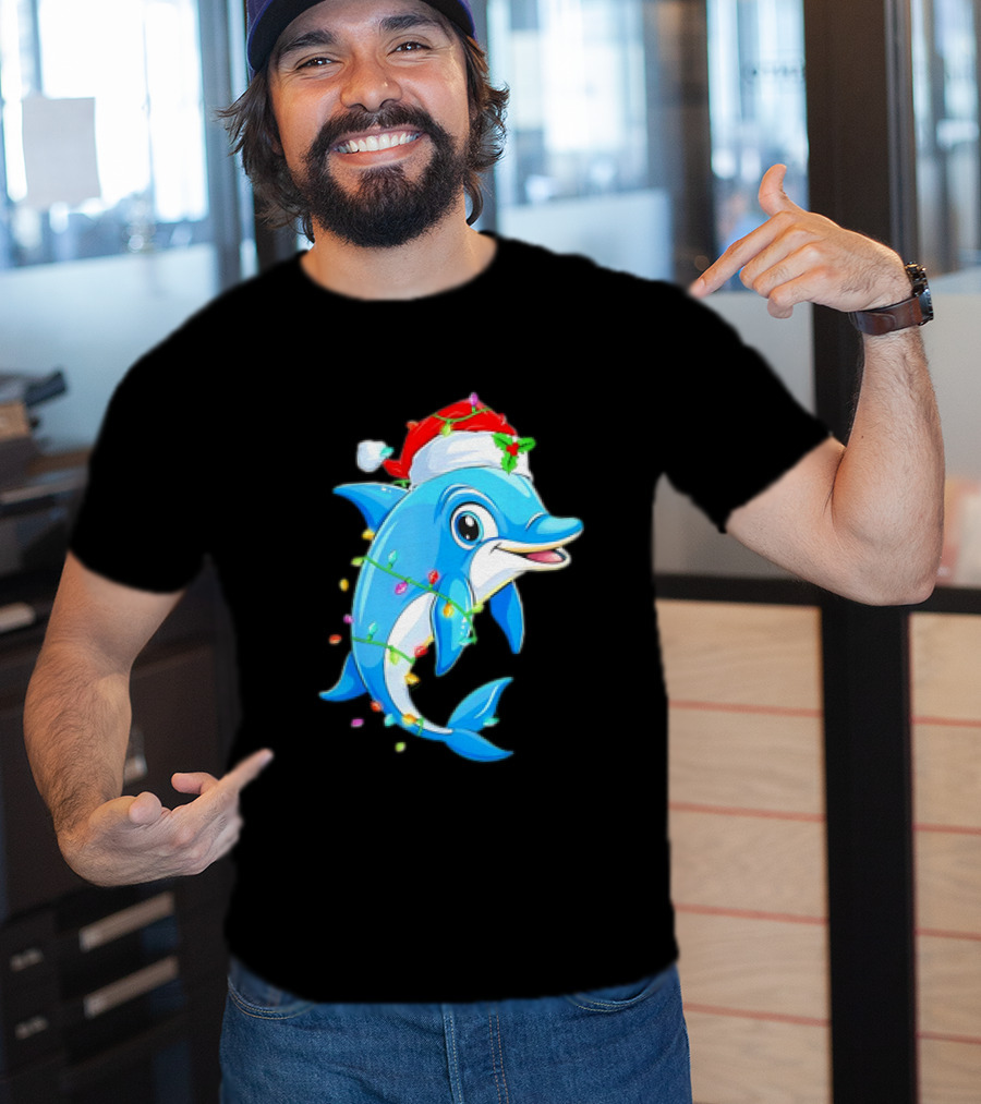 Dolphin In Santa Hat Wrapped In Christmas Tree Lights Pajamas T-Shirt