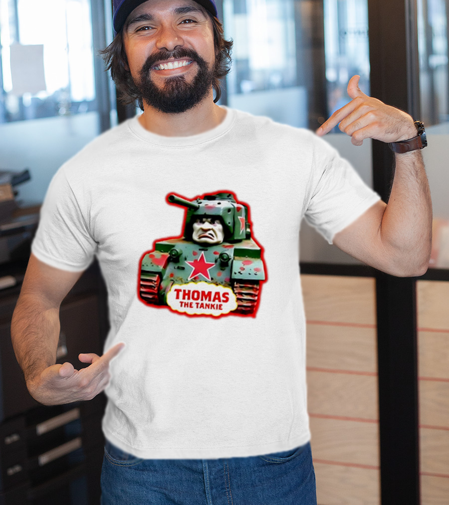 THOMAS THE TANKIE Green Camouflage Tank Red Star Cartoon Face T-Shirt