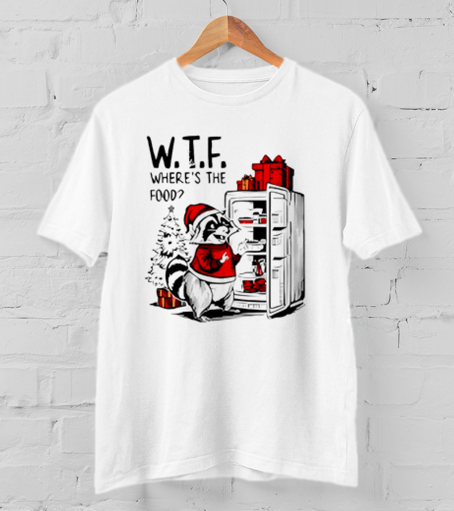 W.T.F. Where's The Food Christmas Foodie Raccoon With Fridge And Santa Hat T-Shirt