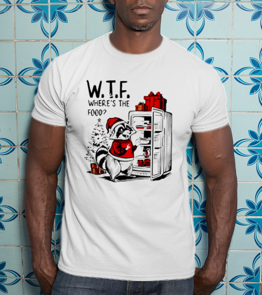W.T.F. Where's The Food Christmas Foodie Raccoon With Fridge And Santa Hat T-Shirt