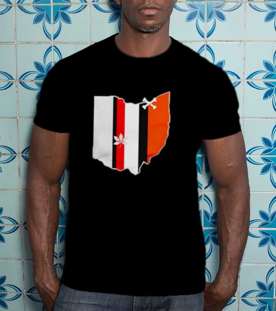 Ohio Map Stripes Football Buckeye Leaf Browns Colors T-Shirt
