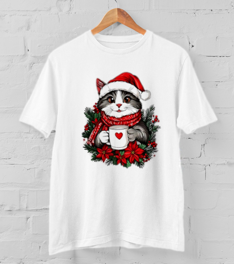 Christmas Cat Santa Hat Coffee Mug Festive T-Shirt