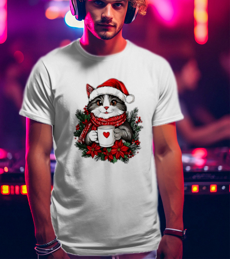 Christmas Cat Santa Hat Coffee Mug Festive T-Shirt