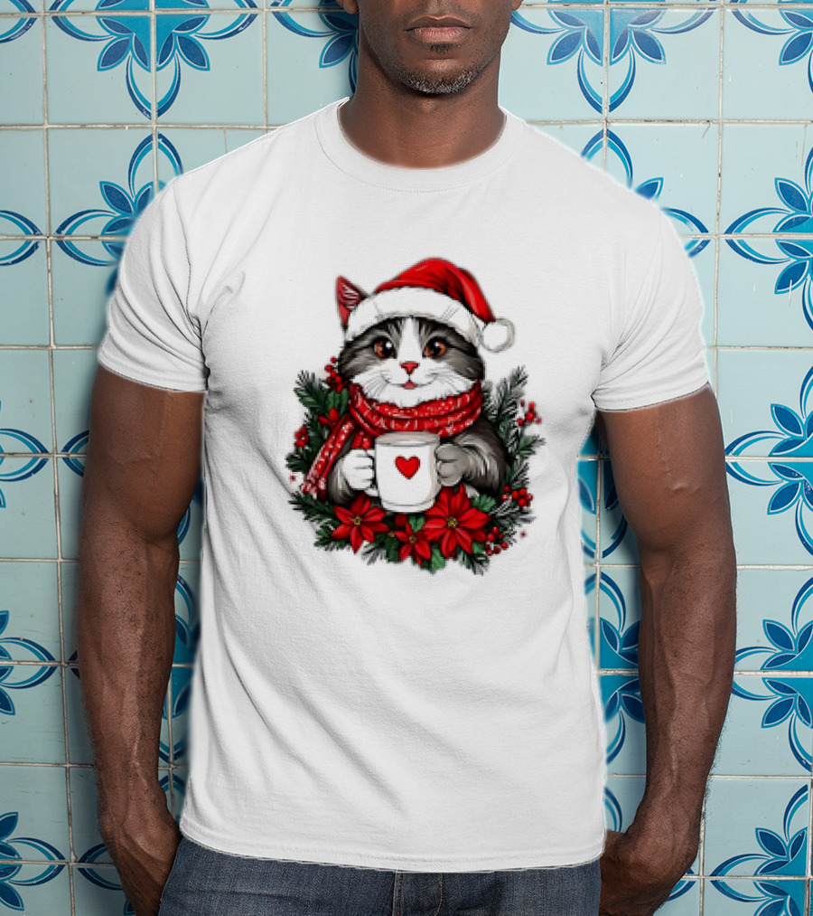Christmas Cat Santa Hat Coffee Mug Festive T-Shirt