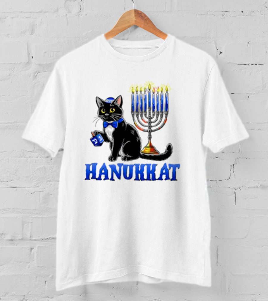 Hanukkat Cute Happy Hanukkah Jewish Cat Menorah Chanukah T-Shirt