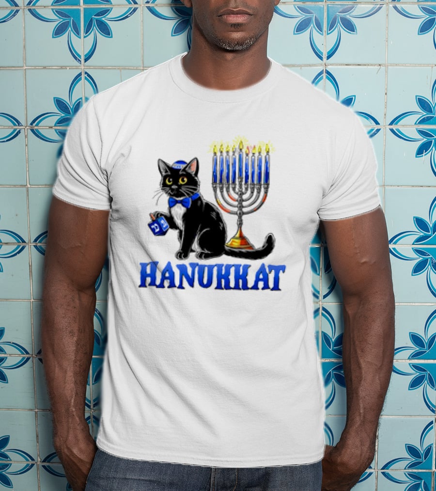 Hanukkat Cute Happy Hanukkah Jewish Cat Menorah Chanukah T-Shirt