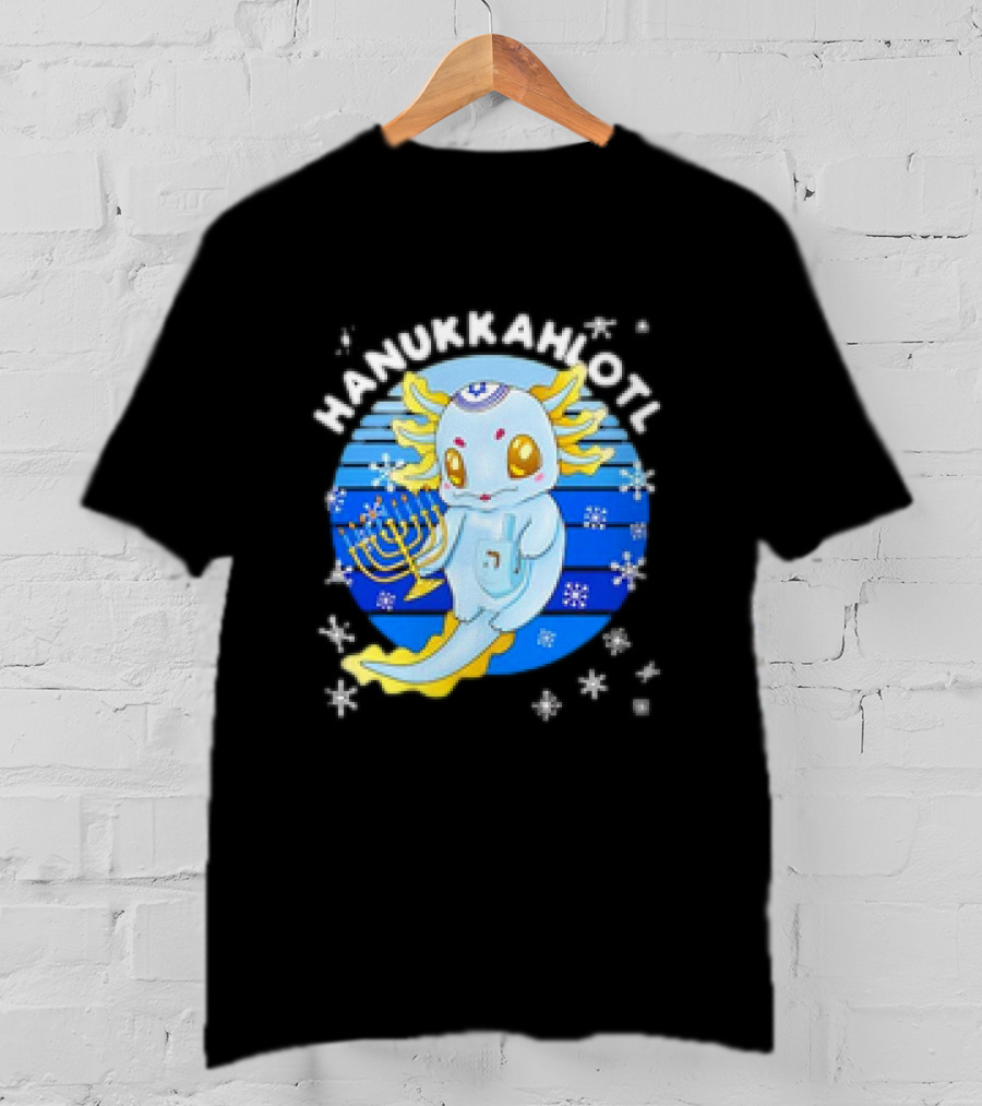 Hanukkahlotl Axolotl Dreidel Menorah Snowflakes Retro T-Shirt
