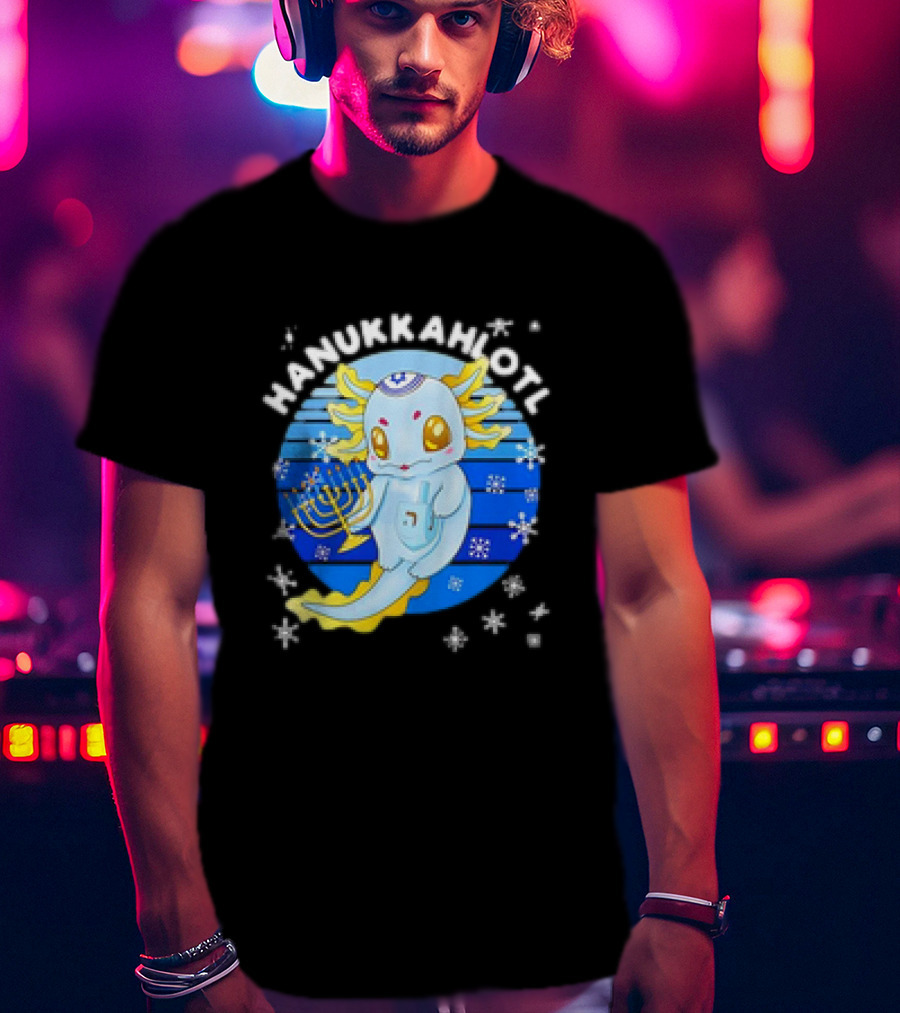 Hanukkahlotl Axolotl Dreidel Menorah Snowflakes Retro T-Shirt
