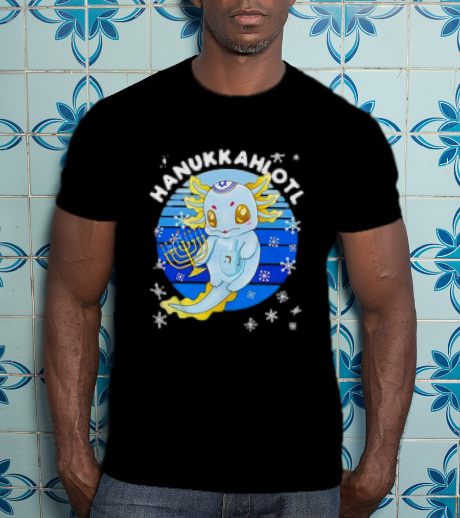 Hanukkahlotl Axolotl Dreidel Menorah Snowflakes Retro T-Shirt