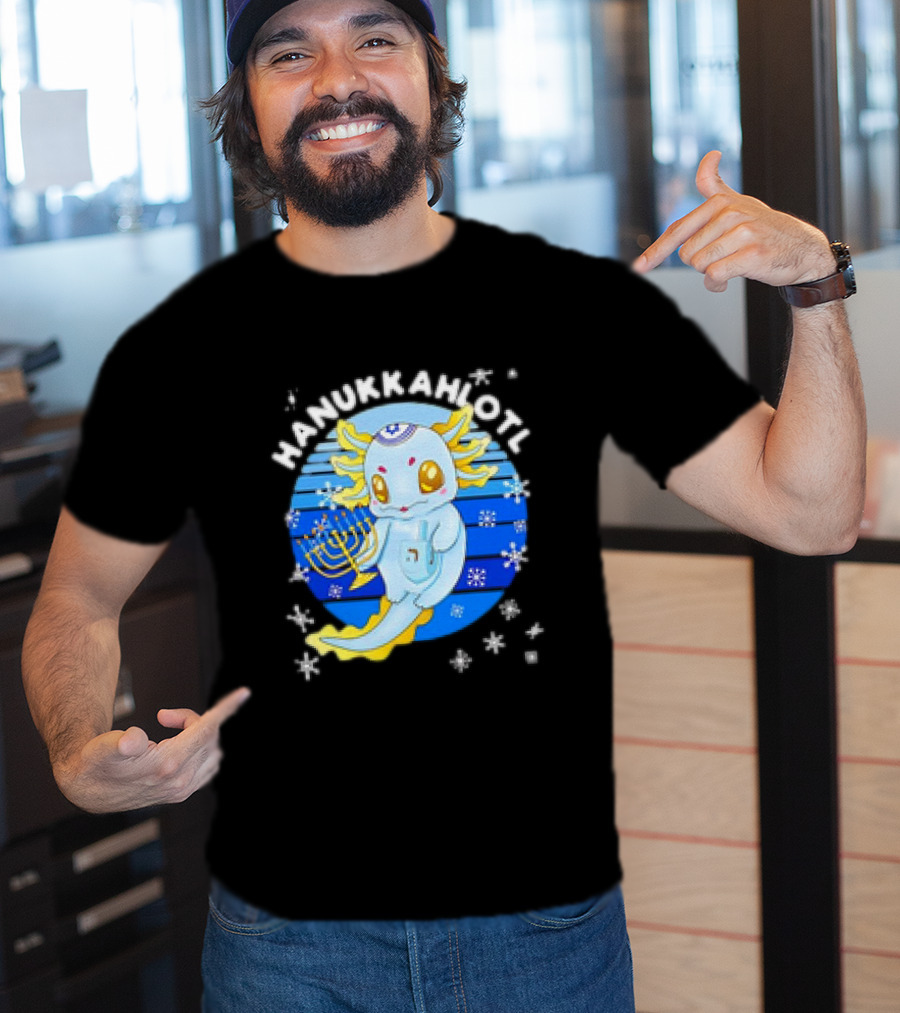 Hanukkahlotl Axolotl Dreidel Menorah Snowflakes Retro T-Shirt