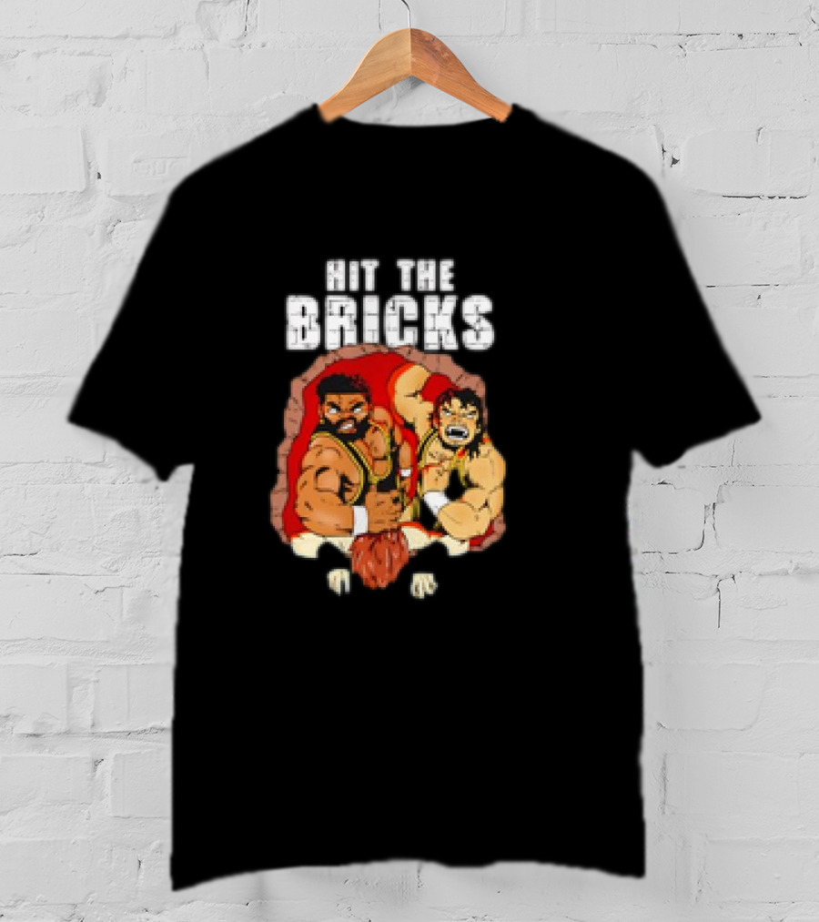Hit The Bricks Cartoon Wrestlers Breaking Through Wall T-Shirt