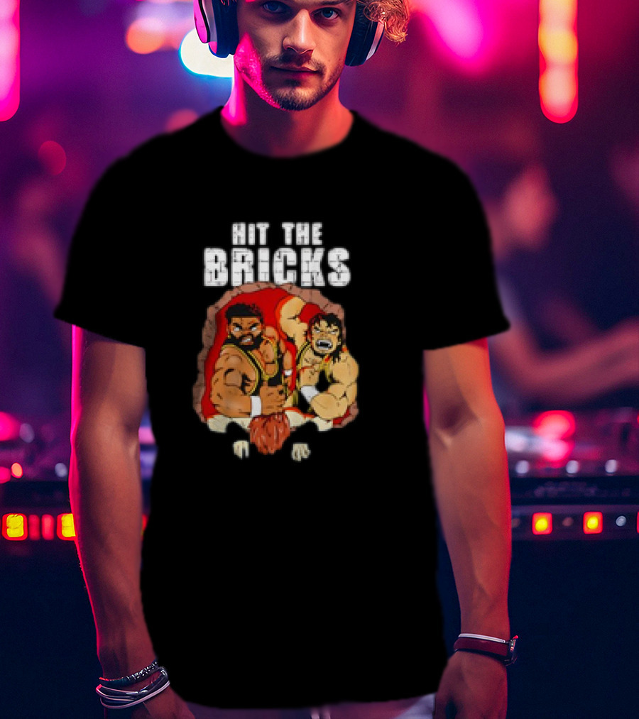 Hit The Bricks Cartoon Wrestlers Breaking Through Wall T-Shirt