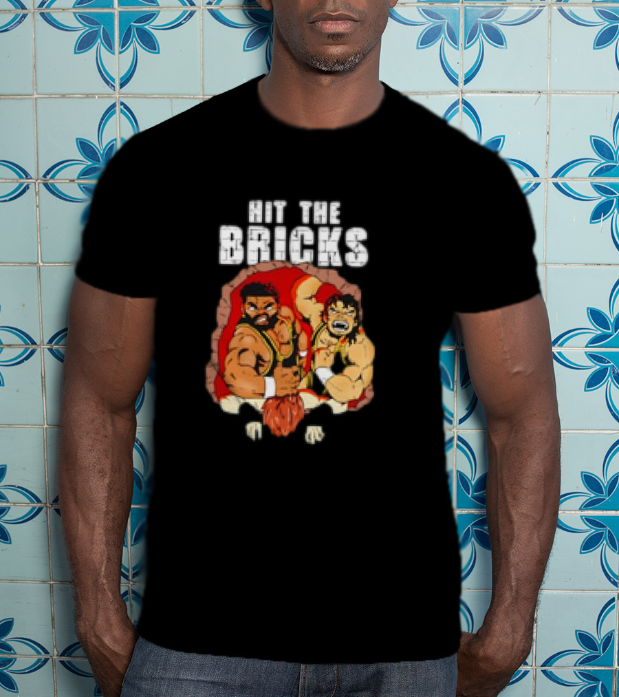 Hit The Bricks Cartoon Wrestlers Breaking Through Wall T-Shirt
