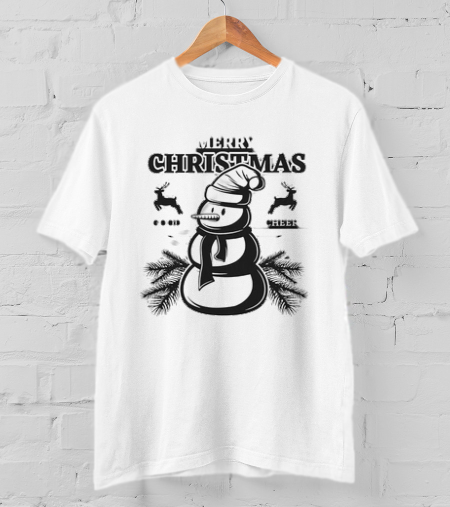 Merry Christmas Good Cheer Snowman With Reindeer And Pine Branches T-Shirt