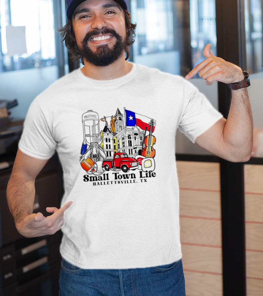 Small Town Life Hallettsville TX Water Tower Historic Courthouse Red Truck Texas Flag Cow Guitar T-Shirt