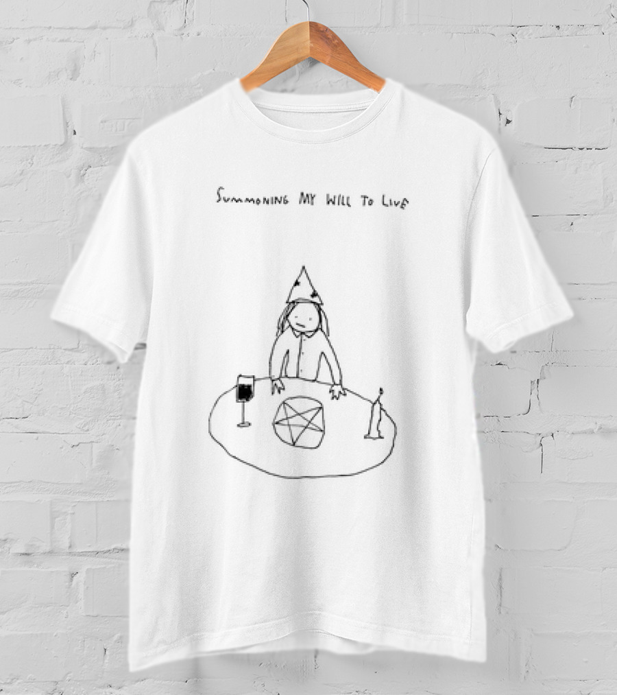 Summoning My Will To Live Wizard Hat Pentagram Candle Wine Sketch T-Shirt