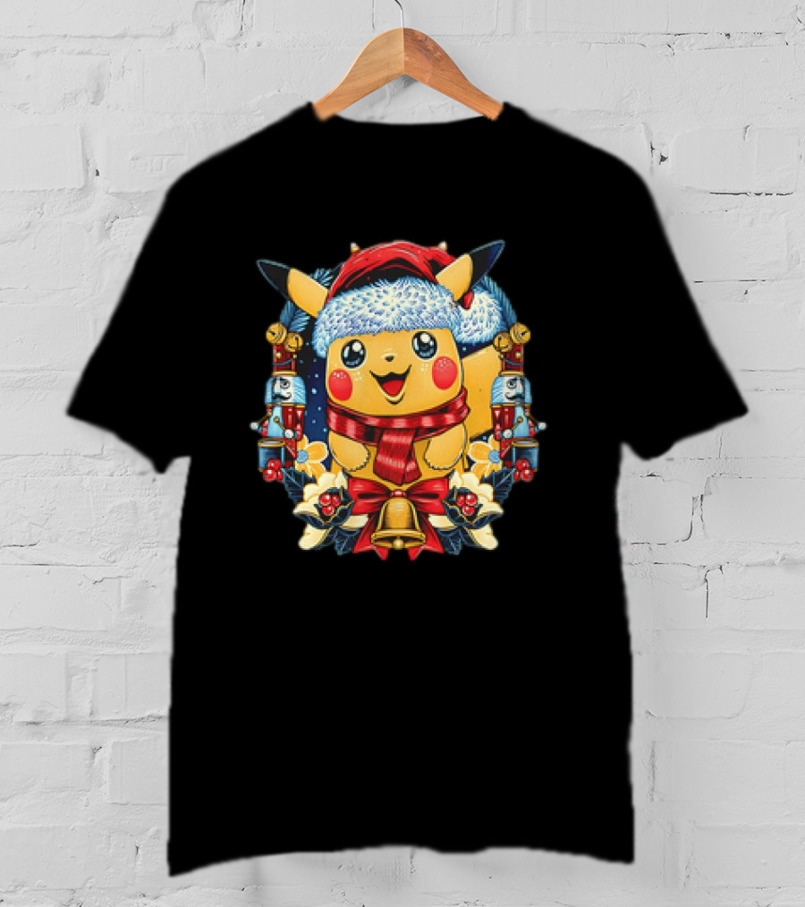Pikachu Christmas Hat Scarf Nutcracker Bells Pokémon Holiday T-Shirt