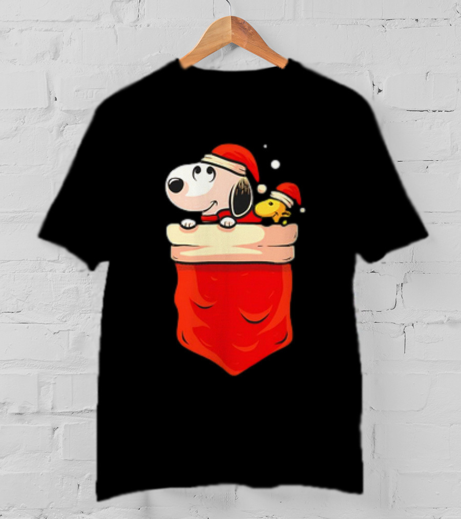 Snoopy And Woodstock Christmas Santa Hats In Red Pocket T-Shirt