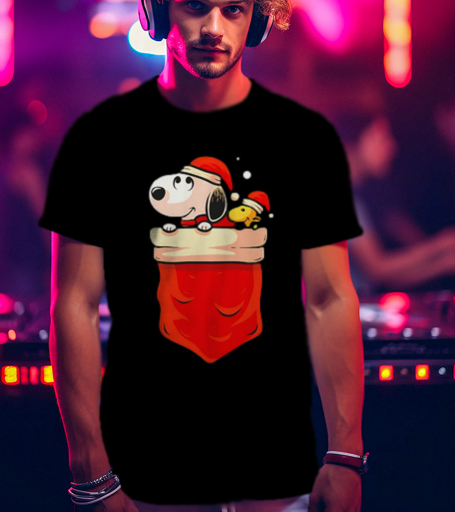 Snoopy And Woodstock Christmas Santa Hats In Red Pocket T-Shirt