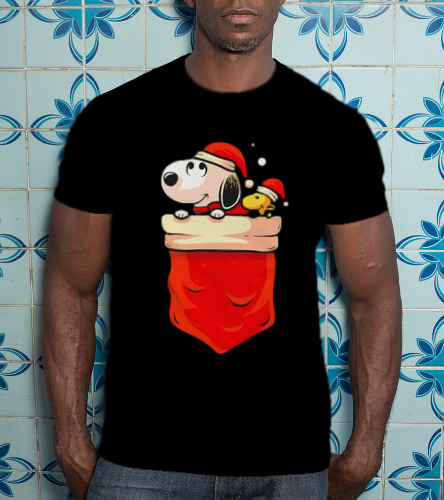 Snoopy And Woodstock Christmas Santa Hats In Red Pocket T-Shirt