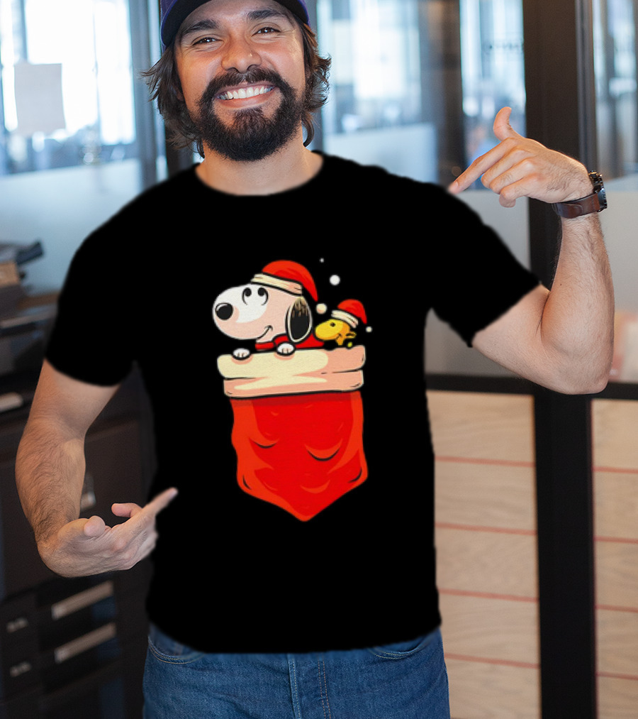 Snoopy And Woodstock Christmas Santa Hats In Red Pocket T-Shirt