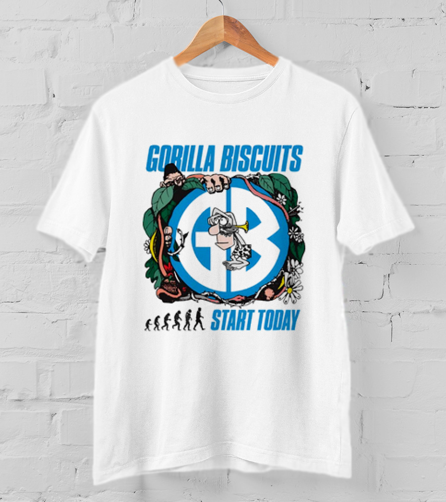 Gorilla Biscuits Start Today Evolution Theme Logo With Characters And Nature Elements T-Shirt