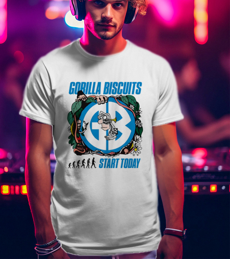 Gorilla Biscuits Start Today Evolution Theme Logo With Characters And Nature Elements T-Shirt
