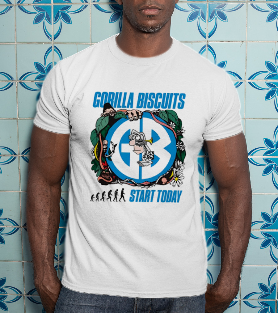 Gorilla Biscuits Start Today Evolution Theme Logo With Characters And Nature Elements T-Shirt