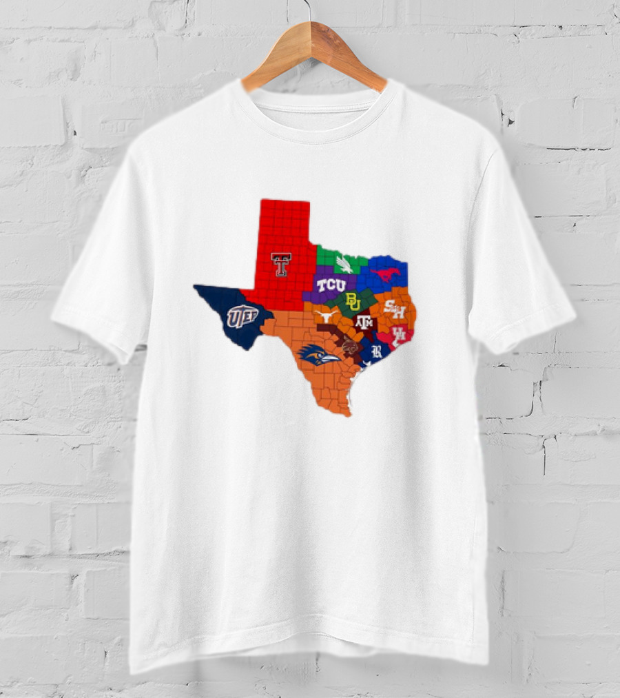 Map Of Texas College Football Teams Featuring TCU Baylor Texas A&M Texas Tech UTEP T-Shirt