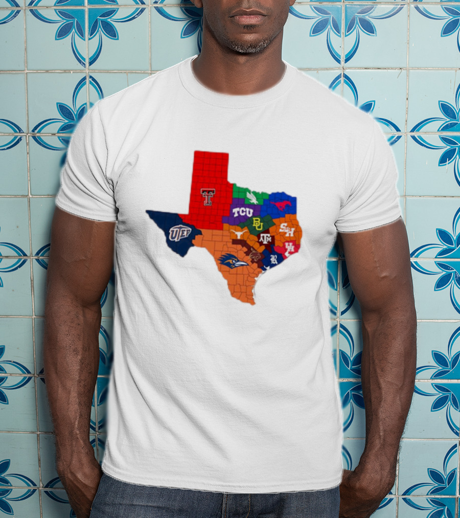 Map Of Texas College Football Teams Featuring TCU Baylor Texas A&M Texas Tech UTEP T-Shirt