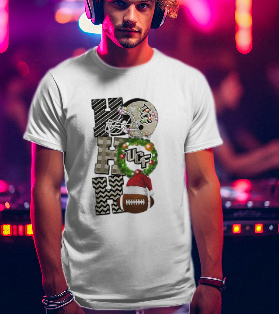 UCF Knights Football Christmas Helmet Wreath Santa Ho Ho Ho Game Day T-Shirt